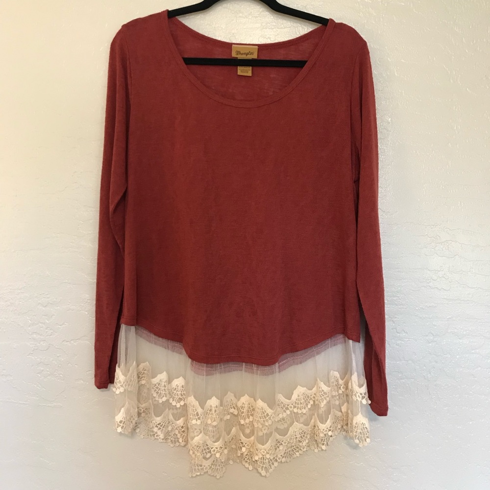 Wrangler Lace Hem Fashion Western Long Sleeve Top